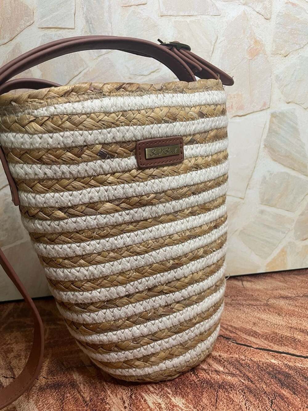 Sun N Sand Striped Woven Straw Crossbody Bucket Bag Brown Beige
